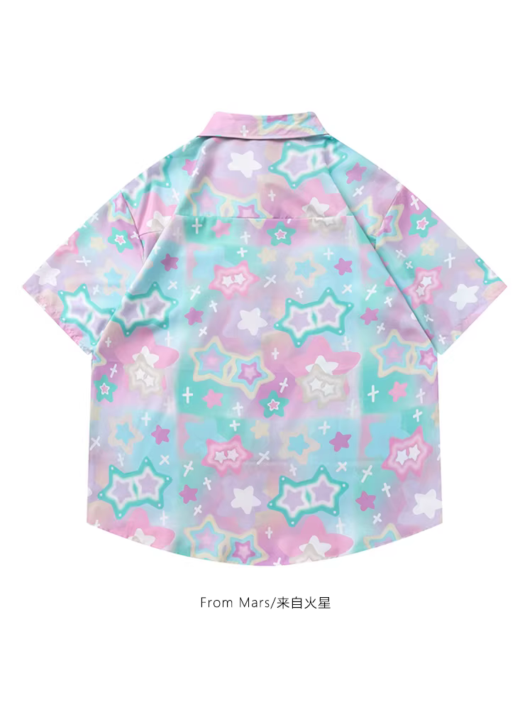 Từ sao Hỏa Bầu trời đầy sao mơ mộng Phong cách Hồng Kông Áo sơ mi ngắn tay in hình ngôi sao đường phố Áo sơ mi dáng rộng có cổ thông thường