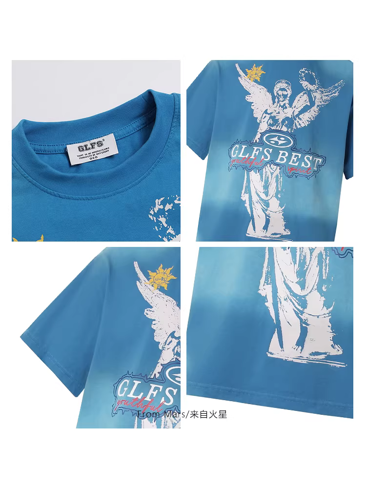 From Mars Áo thun ngắn tay cổ tròn nhuộm màu theo phong cách cổ điển Mỹ chất lượng cao, kiểu dáng rộng rãi, hợp thời trang