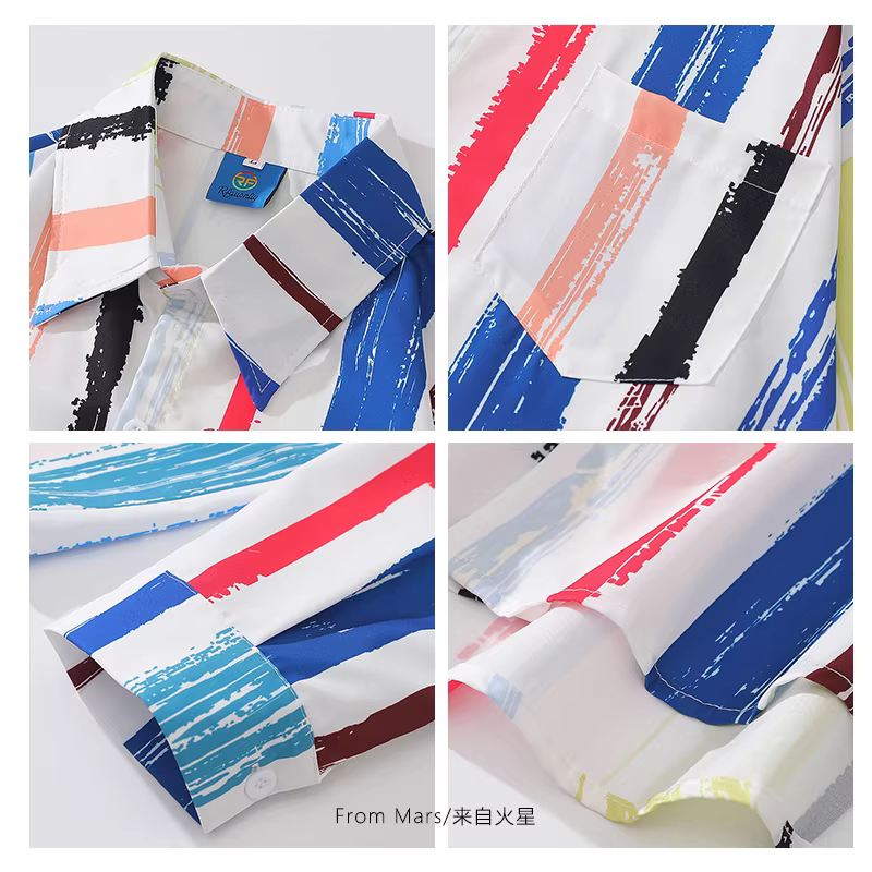 Từ sao Hỏa, áo sơ mi họa tiết sọc dọc nhiều màu sắc, dáng rộng, phong cách đường phố giản dị, thương hiệu queer