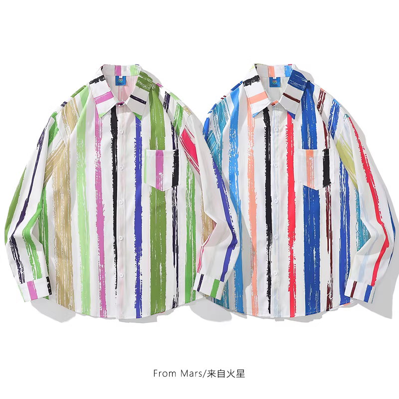 Từ sao Hỏa, áo sơ mi họa tiết sọc dọc nhiều màu sắc, dáng rộng, phong cách đường phố giản dị, thương hiệu queer