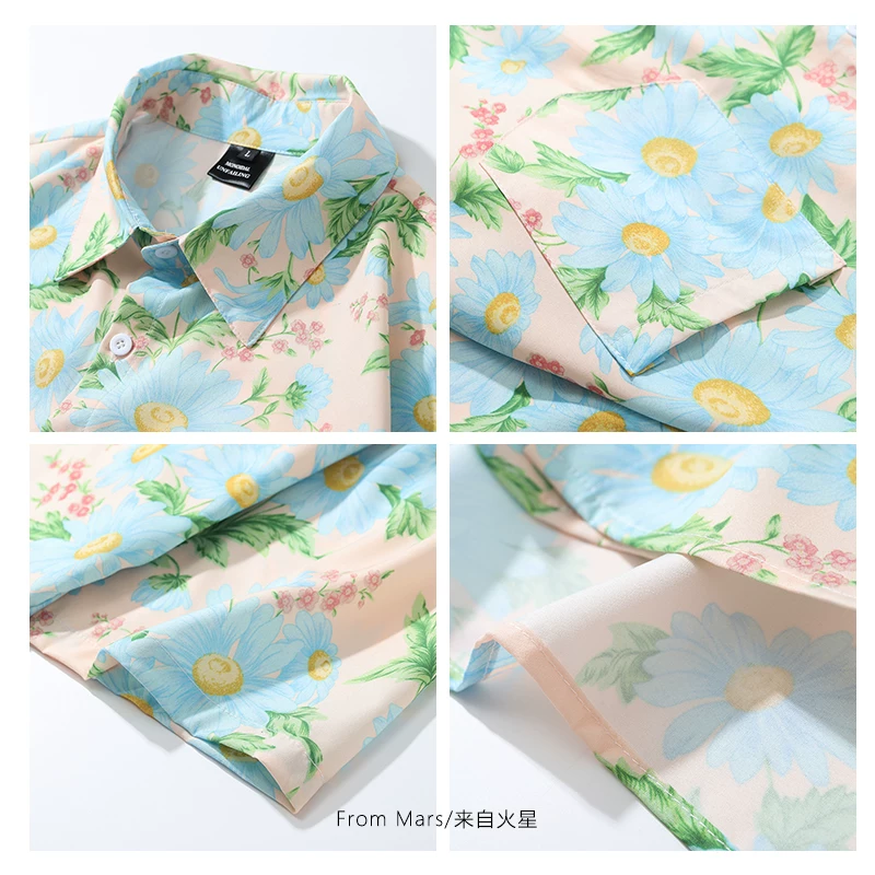 Áo sơ mi ngắn tay in họa tiết hoa tươi mát của Mars Summer Daisy, kiểu dáng rộng rãi, phong cách lười biếng thời thượng