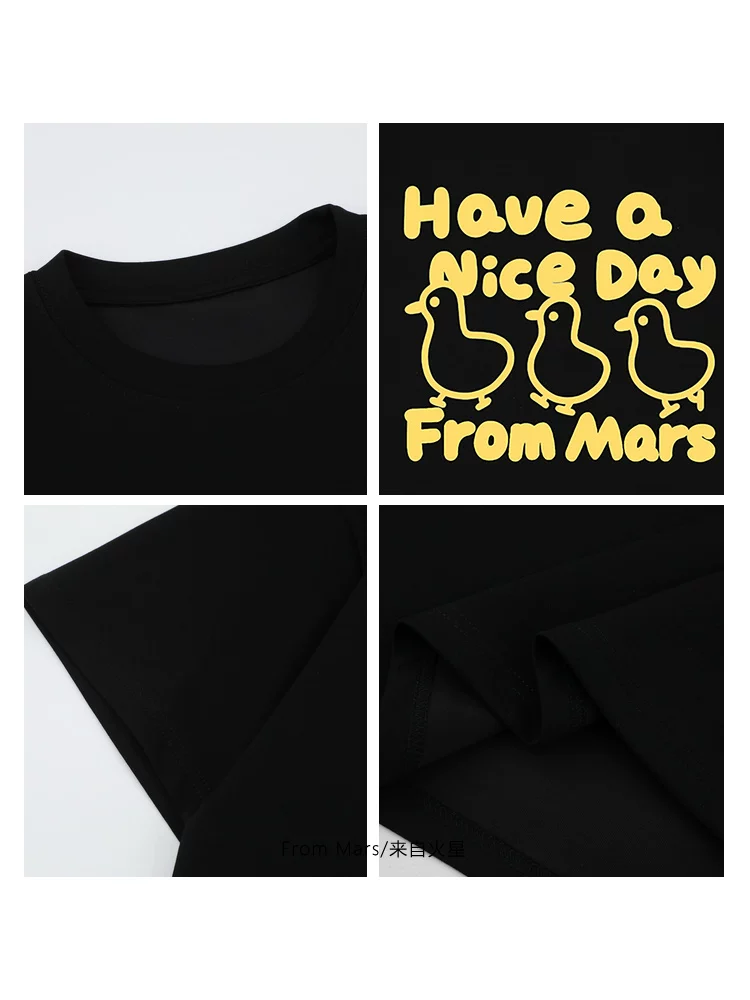 From Mars Đường phố được sắp xếp gọn gàng theo phong cách Retro Ins Áo thun in hình gà dáng rộng cổ tròn tay ngắn hợp thời trang