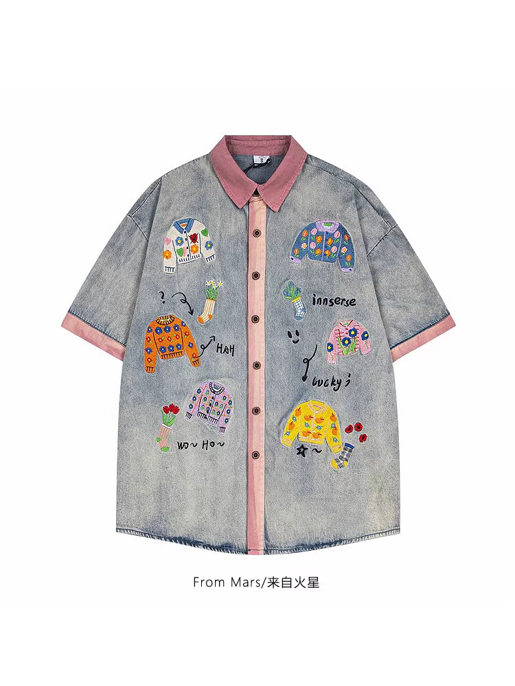 Áo sơ mi ngắn tay dáng rộng phong cách đại học từ sao Hỏa thêu hoa BF