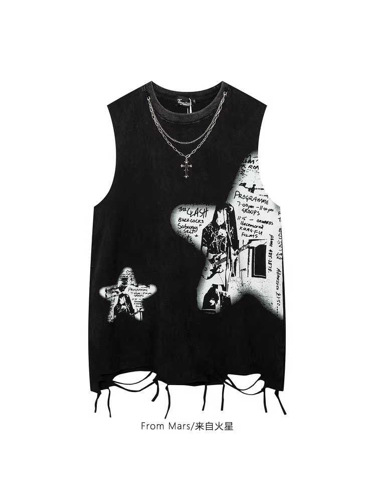 From Mars Guitar Dream Trendy Hip-Hop Star Print Design Necklace Washed Loose Tank Top Ins