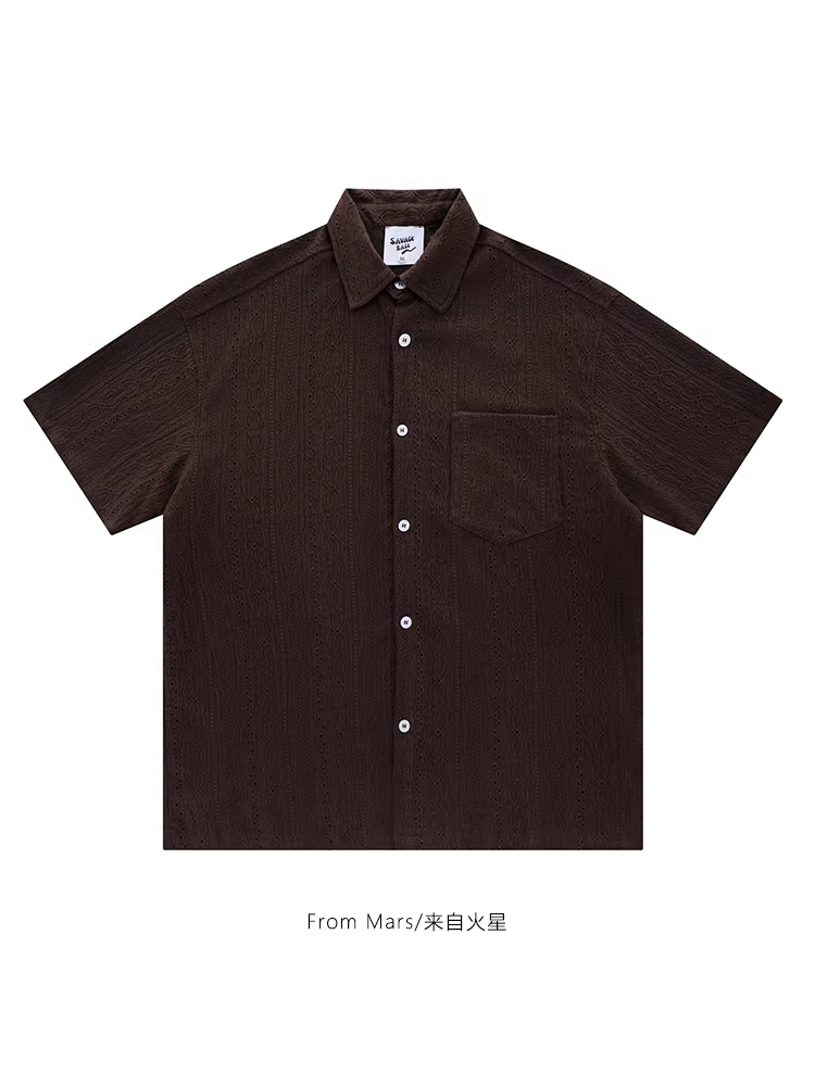 Từ sao Hỏa thiết kế họa tiết phức tạp áo sơ mi ngắn tay dành cho cặp đôi unisex phong cách Nhật Bản rộng rãi và đa năng