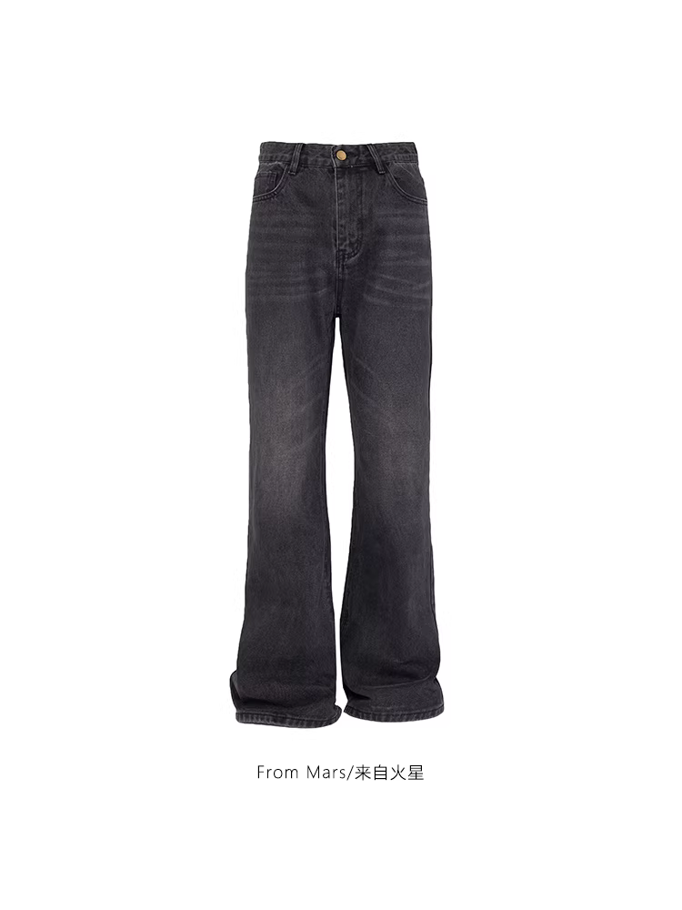 Quần jeans ống loe phong cách đường phố cổ điển Hồng Kông, chất liệu washed, dáng rộng, thoải mái, đa năng, dài.