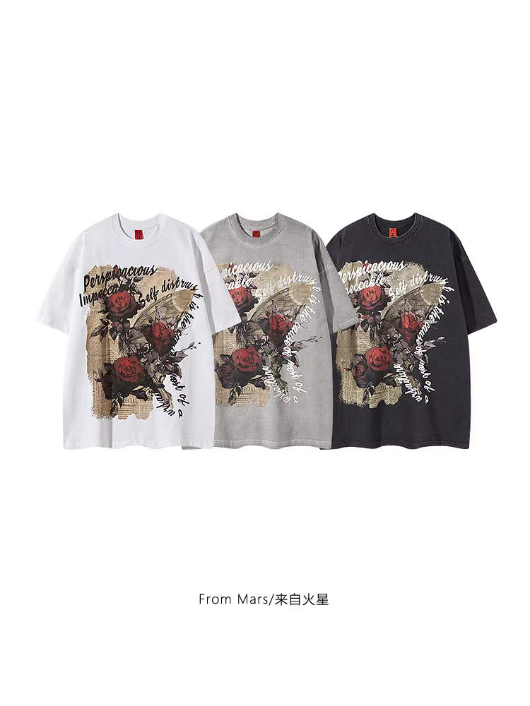 Từ sao Hỏa Hương thơm của hoa Áo thun ngắn tay cổ tròn in họa tiết hoa hồng cổ điển kiểu Mỹ mùa hè