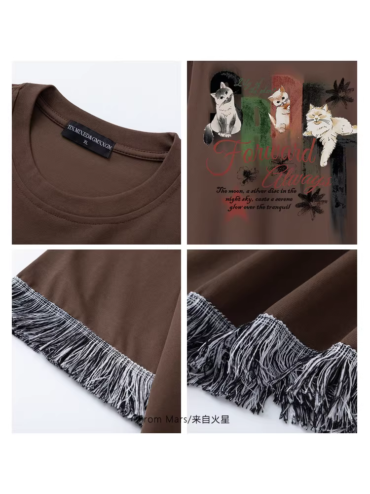 From Mars Cat Healing Thương hiệu thời trang Nhật Bản Thiết kế tua rua vẽ tay hình động vật Áo thun ngắn tay đa năng dáng rộng