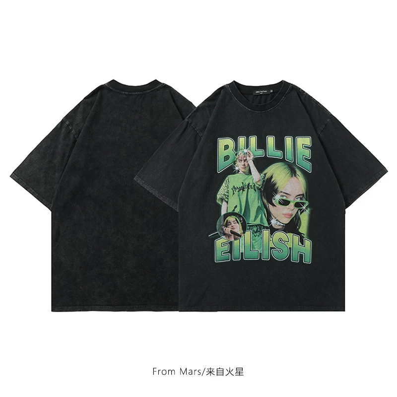 Từ sao Hỏa Nhân vật cổ điển Mỹ Billie Eilish, ca sĩ hip-hop, in hình áo thun hip-hop dáng rộng mùa hè
