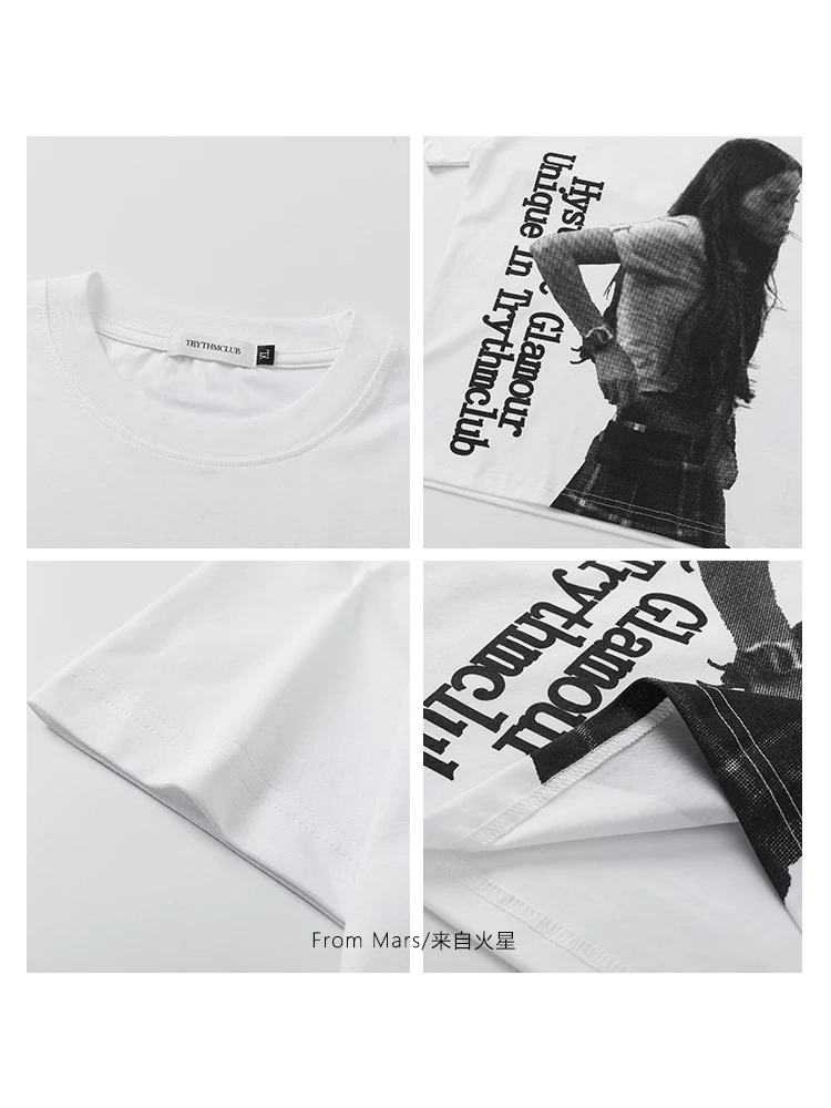 From Mars Solo Back View American Retro Portrait Print Áo thun ngắn tay cổ tròn dáng rộng dành cho cặp đôi đa năng BF