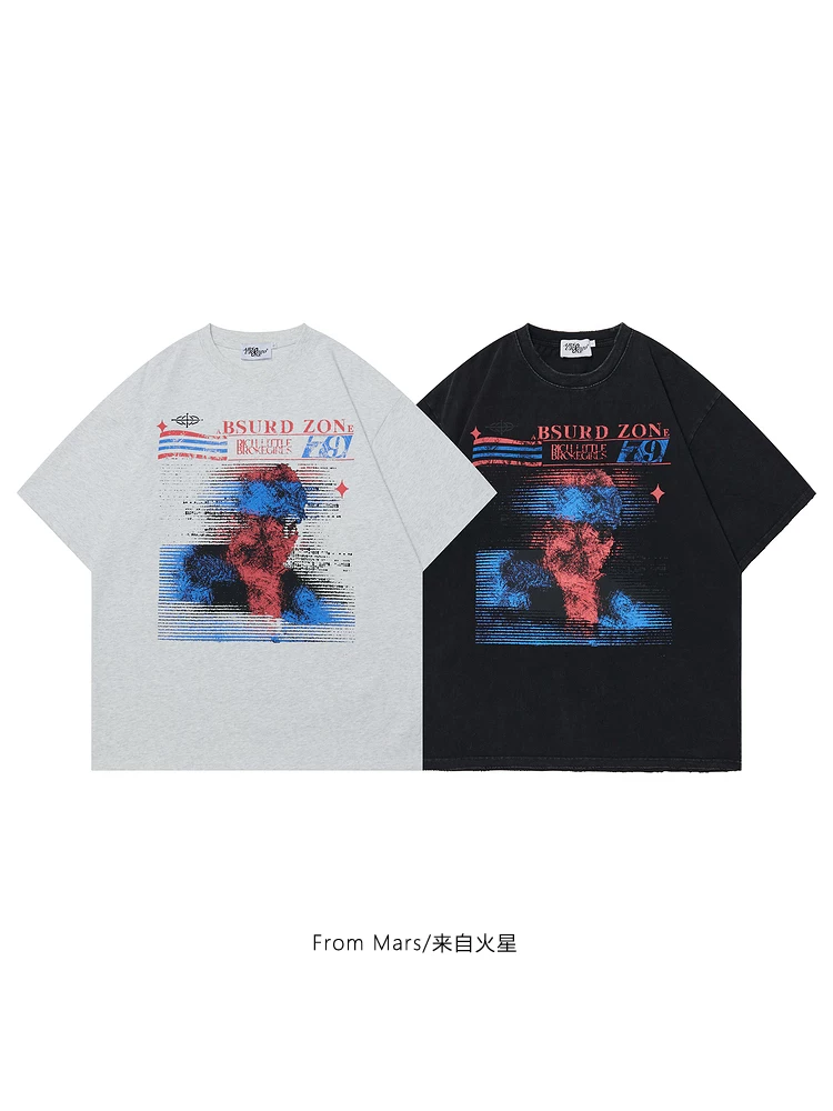 Từ sao Hỏa Khối màu sắc sống động Hợp thời trang Hip-Hop Retro Thời trang in hình dáng rộng cổ tròn Áo thun ngắn tay độc đáo bf