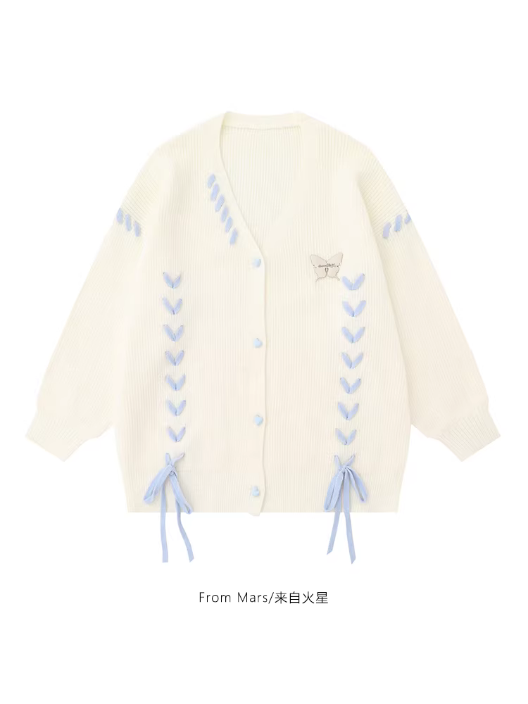 Từ Mars Heartbeat Signal Áo len dệt kim hình trái tim mềm mại và xù xì Áo len dệt kim cổ chữ V dáng rộng BF