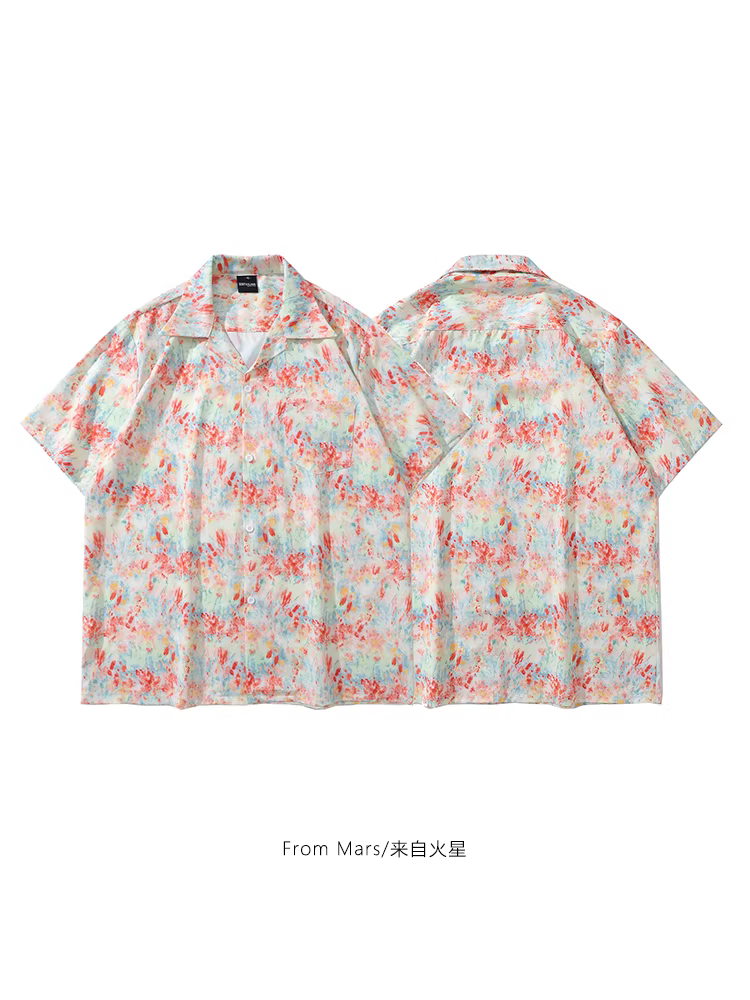 Từ sao Hỏa, màu sắc tươi sáng, thiết kế cổ điển theo phong cách Hồng Kông, in họa tiết toàn thân, áo sơ mi ngắn tay dáng rộng thông thường mùa hè dành cho cả nam và nữ