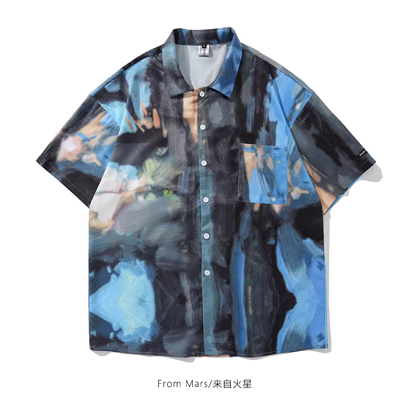 Từ nghệ sĩ vẽ tranh sơn dầu trên sao Hỏa Áo sơ mi ngắn tay in hình hip-hop châu Âu và Mỹ Áo sơ mi nam dáng rộng hợp thời trang thương hiệu đường phố bf