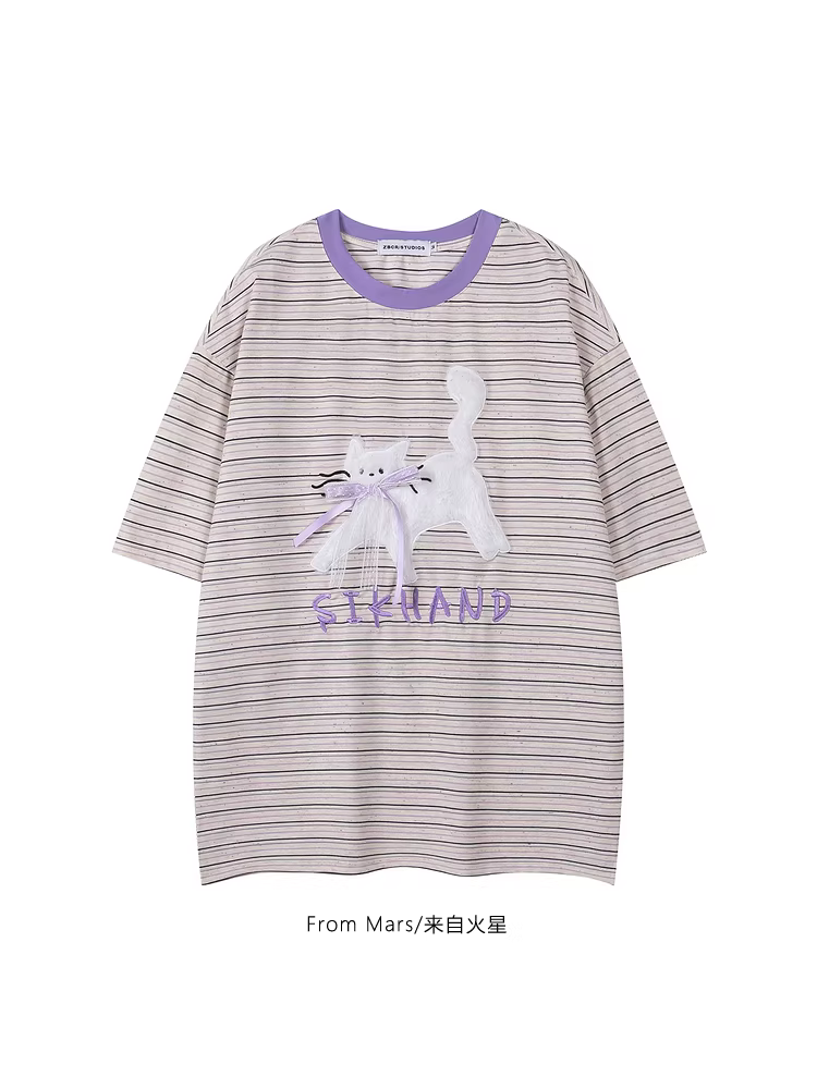 Từ Mars Svenmao Áo thun ngắn tay dáng rộng thêu chữ sọc tím cổ điển Nhật Bản