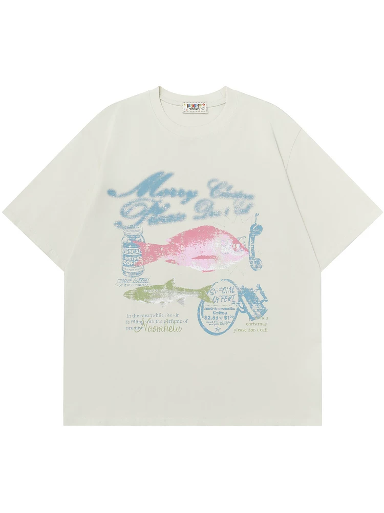 From Mars Fish's Memory Phong cách Harajuku Nhật Bản In mờ Áo thun cổ tròn dáng rộng dành cho cặp đôi Áo thun ngắn tay mùa hè