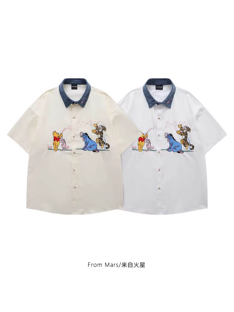 Từ sao Hỏa, hãy cùng nhau lan tỏa hoa, thương hiệu thời trang hip-hop, thêu hoạt hình vui nhộn, áo sơ mi ngắn tay chắp vá rộng rãi cho mùa hè.