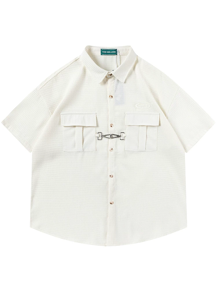 Từ sao Hỏa, bước vào thế giới của màu sắc: Áo sơ mi ngắn tay unisex màu trơn phong cách đường phố Trung Quốc, dáng rộng, thoải mái.