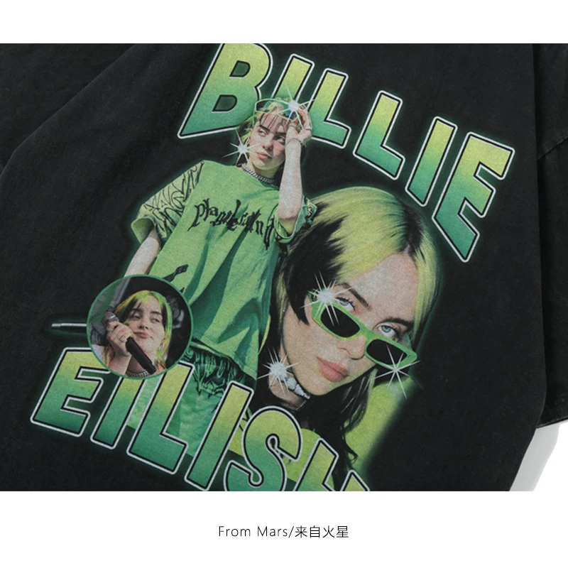 Từ sao Hỏa Nhân vật cổ điển Mỹ Billie Eilish, ca sĩ hip-hop, in hình áo thun hip-hop dáng rộng mùa hè