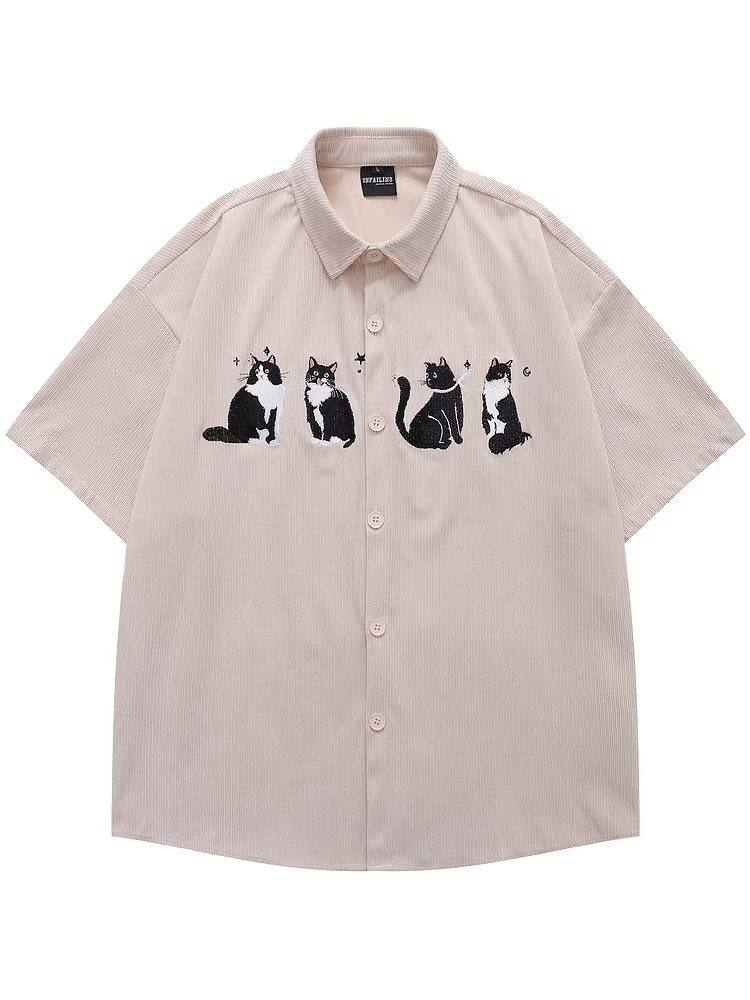 From Mars Cute Cow Cat Summer Thêu phong cách cổ điển Áo sơ mi ngắn tay dáng rộng Unisex BF