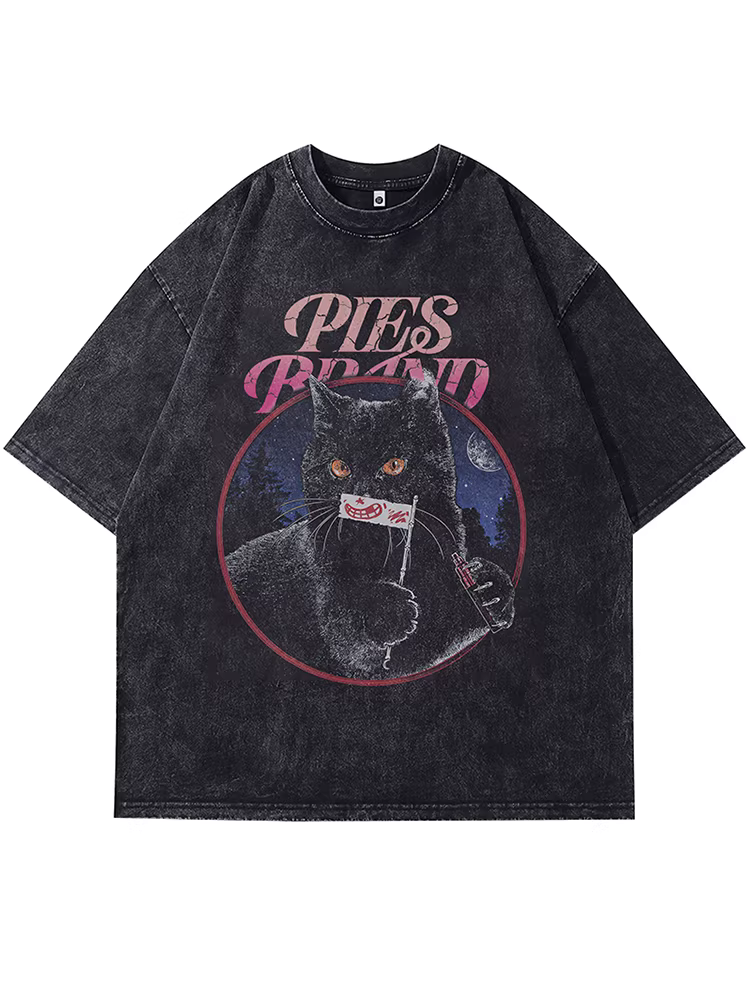From Mars Escape the Bustle ins Creative Cat Print Summer Loose Washed Short Sleeve T-Shirt Unisex Thương hiệu hợp thời trang