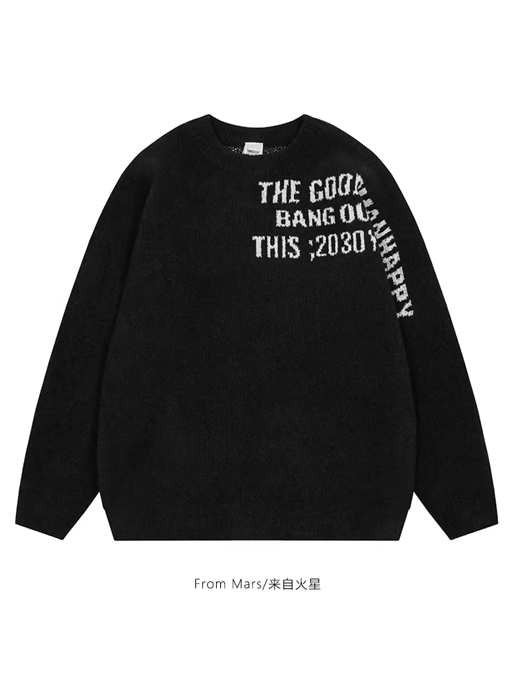 From Mars Any Words American Street Letter Jacquard Áo len dệt kim cổ tròn dáng rộng Áo len dáng rộng giản dị hợp thời trang