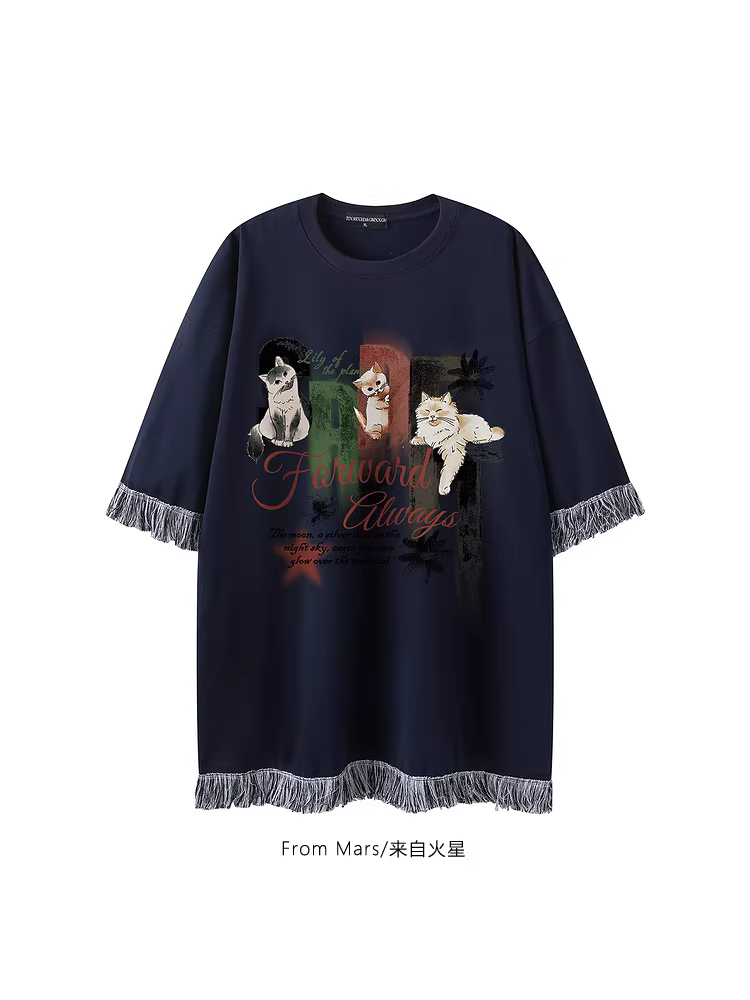 From Mars Cat Healing Thương hiệu thời trang Nhật Bản Thiết kế tua rua vẽ tay hình động vật Áo thun ngắn tay đa năng dáng rộng