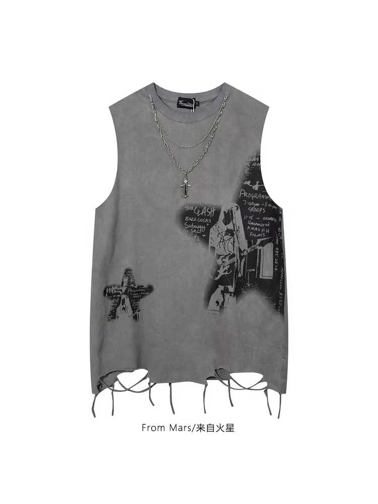From Mars Guitar Dream Trendy Hip-Hop Star Print Design Necklace Washed Loose Tank Top Ins
