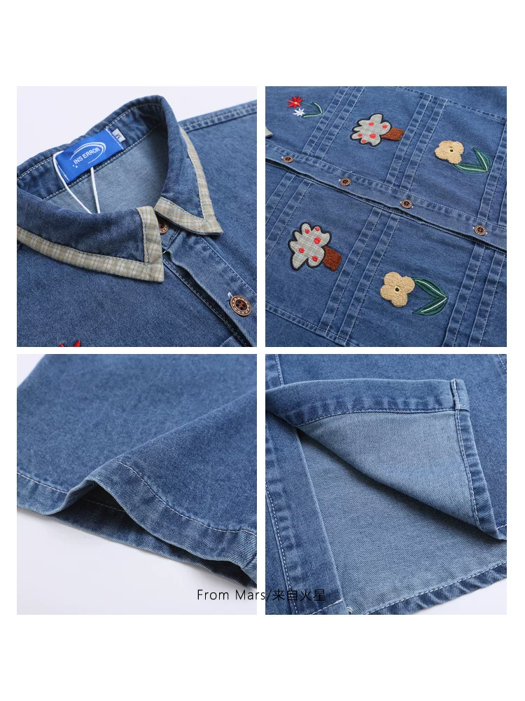 Từ sao Hỏa trang trí hoa theo xu hướng quốc gia retro cổ điển thêu denim unisex áo sơ mi ngắn tay dáng rộng mùa hè