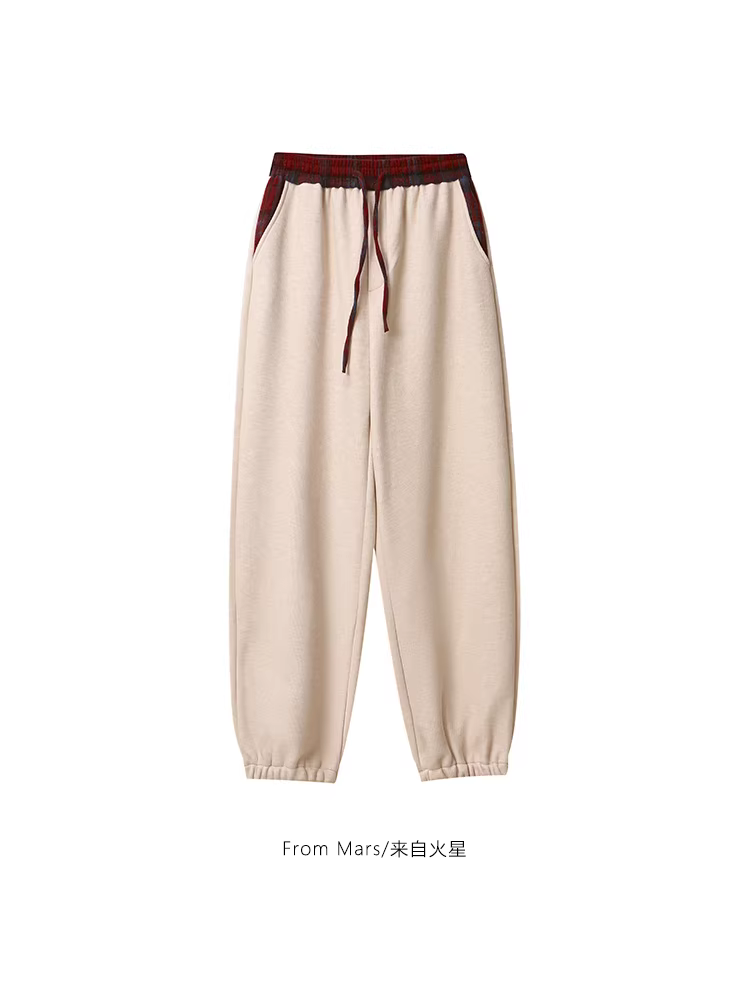 Quần dài unisex đa năng, chất liệu nỉ lót lông cừu, thiết kế phối vải caro thời thượng, kiểu dáng rộng rãi, có dây rút, thương hiệu nổi tiếng từ sao Hỏa.
