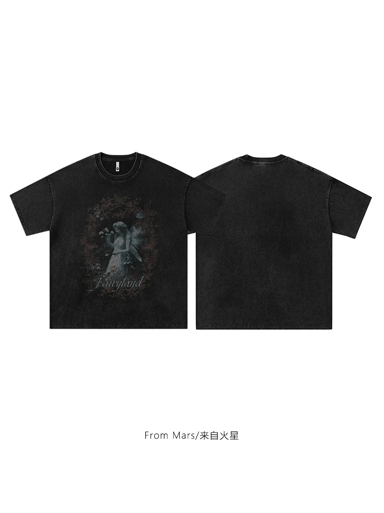 From Mars Flower Fairy Vintage Print Distressed Washed T-shirt Hip Hop Loose Couple Short Sleeve Top BF