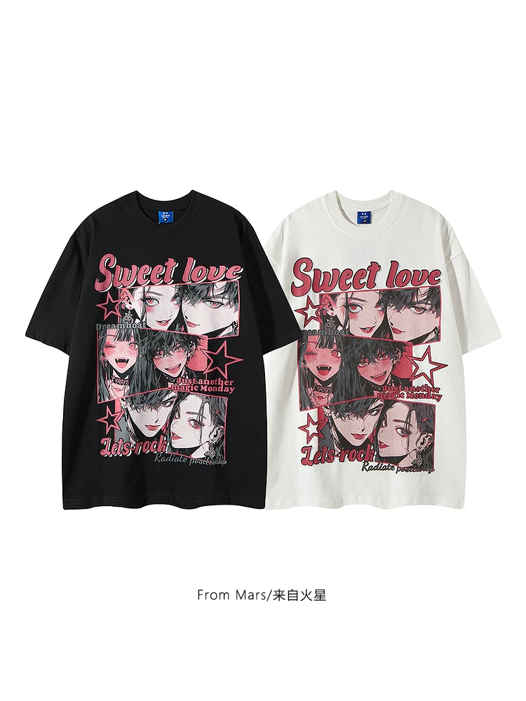 From Mars Sweet Love Phim hoạt hình đường phố Nhật Bản In hai chiều dáng rộng Ins Style Áo thun ngắn tay Unisex