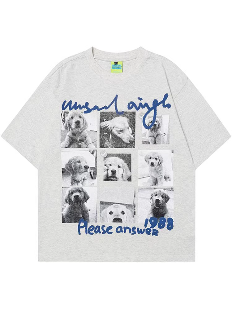 From Mars Four-Grid Puppy National Trend Retro Dog Print Lazy Loose Short-Sleeve T-Shirt Couple Casual