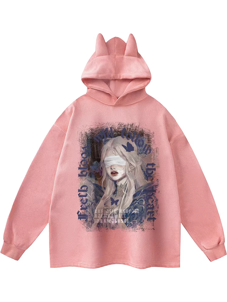 From Mars Blindfolded European Retro Character Letter Graffiti Hoodie Loose Couple Fleece-lined BF