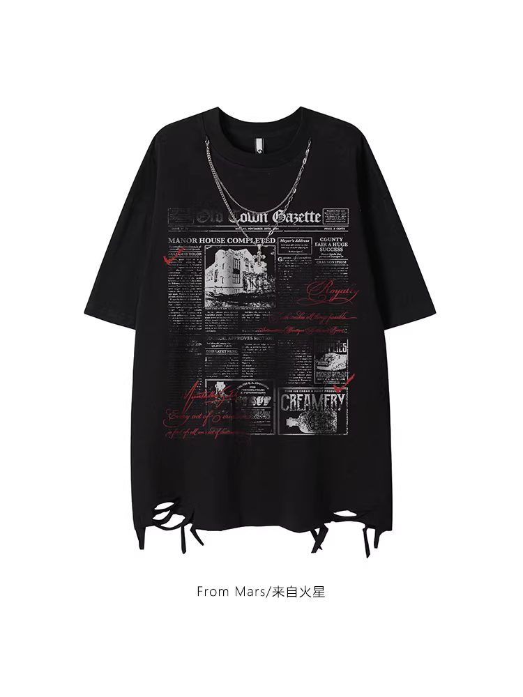 Từ Trung tâm Tình báo Sao Hỏa Phong cách đường phố hip-hop cổ điển của Mỹ, áo thun ngắn tay có dây chuyền mát mẻ, rộng rãi và đa năng, hợp thời trang