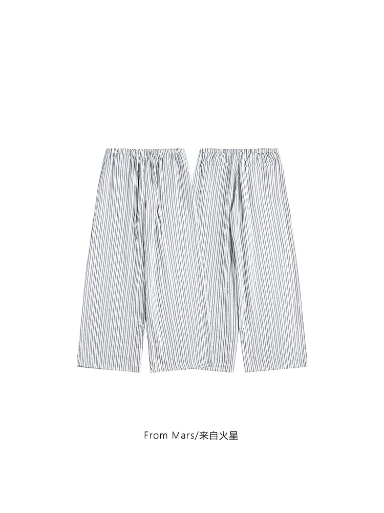 Từ sao Hỏa khám phá bốn mùa, quần dài ống rộng phong cách retro Mỹ, phối màu sọc, phong cách lười biếng dành cho cặp đôi.