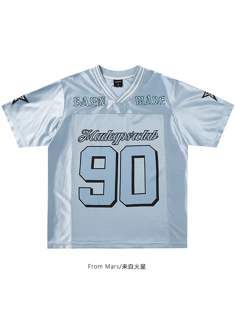 From Mars Blue Galaxy Hip-hop Letter Print Áo thun thể thao thoáng khí chắp vá cho cặp đôi Áo thun ngắn tay dáng rộng