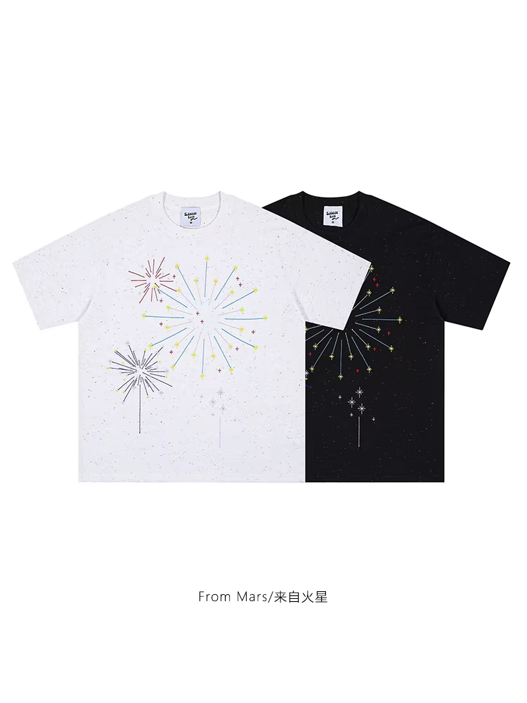 Từ Sao Hỏa Pháo hoa nở hoa Vintage Vui nhộn Sáng tạo Graffiti Thường ngày Áo thun ngắn tay đa năng dáng rộng Lười biếng