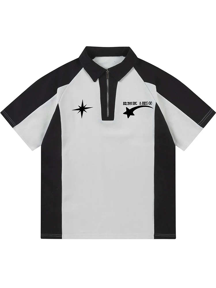 Từ sao Hỏa Hạ cánh trên sao băng Thương hiệu thời thượng Phong cách retro Chữ Graffiti Khối màu Cổ áo POLO Tay ngắn dáng rộng Phong cách đường phố Unisex