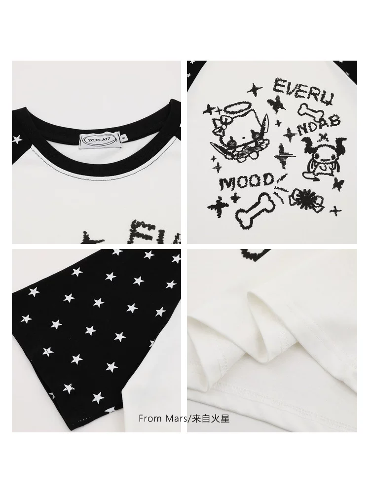 From Mars Graffiti Stars Áo thun ngắn tay kiểu Mỹ cổ điển Thiết kế dáng rộng Áo thun giảm béo ngọt ngào Unisex