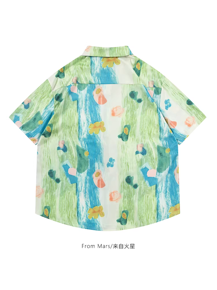 Từ sao Hỏa Hoa rụng và nước chảy Thương hiệu thời thượng Ins Fashion Graffiti Áo sơ mi in họa tiết toàn thân Áo sơ mi ngắn tay dáng rộng cho cặp đôi