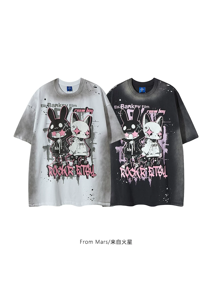Từ sao Hỏa Sức sống và sự đổi mới Mùa hè xu hướng quốc gia Thương hiệu Retro Rabbit Graffiti Áo thun ngắn tay dáng rộng dành cho cặp đôi Ins