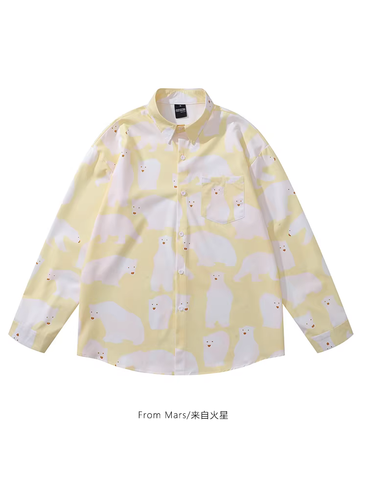 From Mars là một chiếc áo sơ mi dài tay in hình gấu bắc cực phong cách Nhật Bản, áo sơ mi dài tay in họa tiết hoạt hình vui nhộn, áo sơ mi rộng rãi dành cho cặp đôi