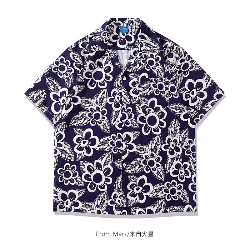 Từ sao Hỏa, thành phố đang tràn ngập sắc hoa, áo sơ mi ngắn tay in hoa phong cách Hawaii, áo sơ mi dáng rộng giản dị hợp thời trang bf