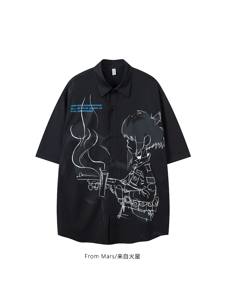 Áo sơ mi ngắn tay mùa hè in họa tiết graffiti Nhật Bản tự sắp xếp từ sao Hỏa dành cho nam và nữ