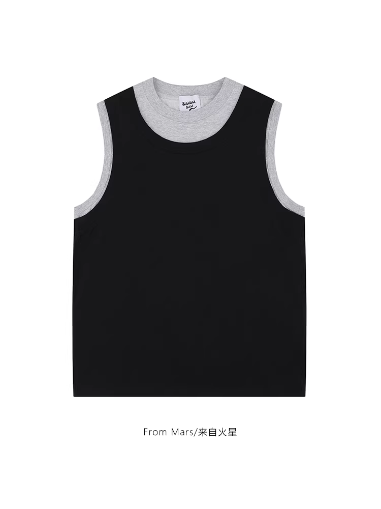 From Mars Cherish Every Moment Áo ba lỗ hai mảnh giả thời trang mùa hè phối màu chắp vá Áo thun không tay dáng rộng giản dị