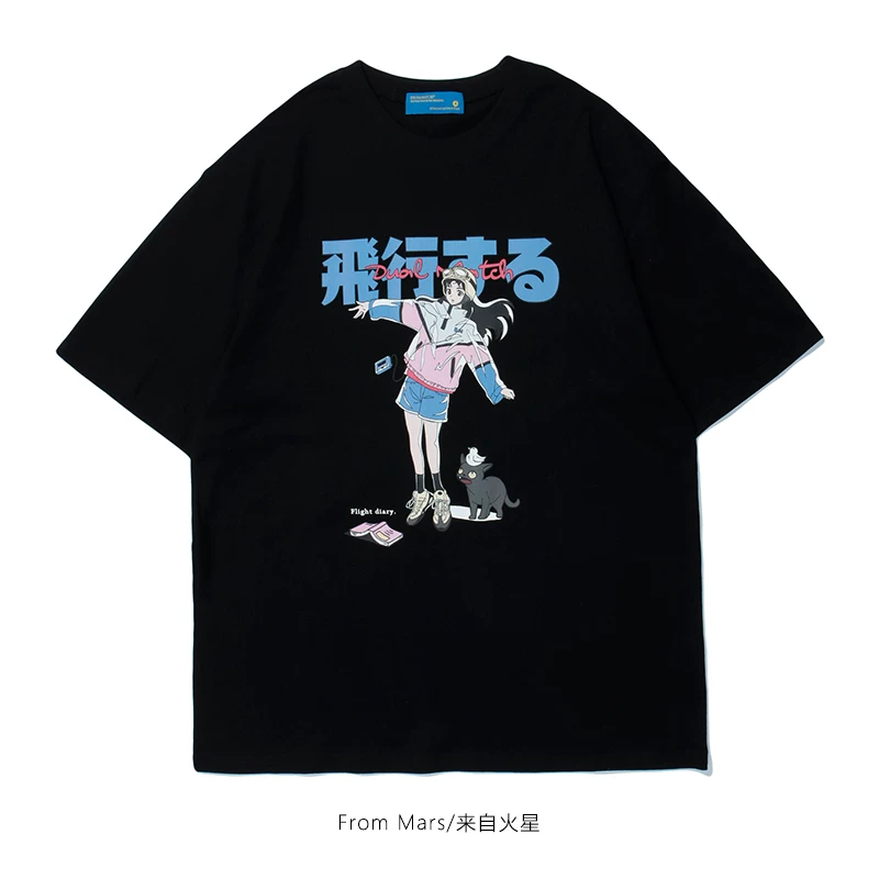 Từ Mars Flying Girl and Her Cat Phong cách cổ điển Nhật Bản JK Print Phong cách Harajuku Tay áo ngắn dáng rộng Ins