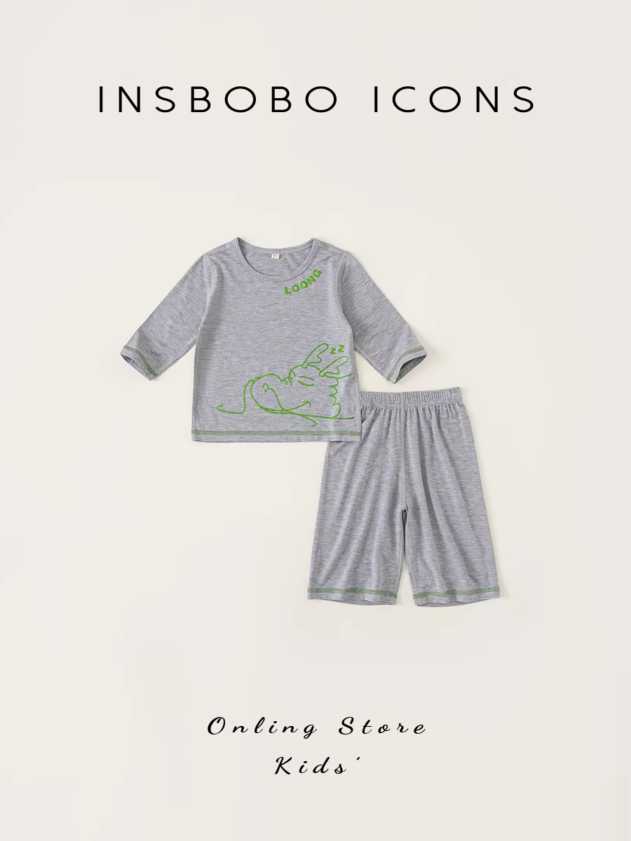 INSbobo quần áo mặc ở nhà cho bé trai mùa hè mỏng và siêu mềm Bộ đồ hai mảnh hoạt hình dành cho trẻ em Bộ đồ ngủ kháng khuẩn cho bé trai