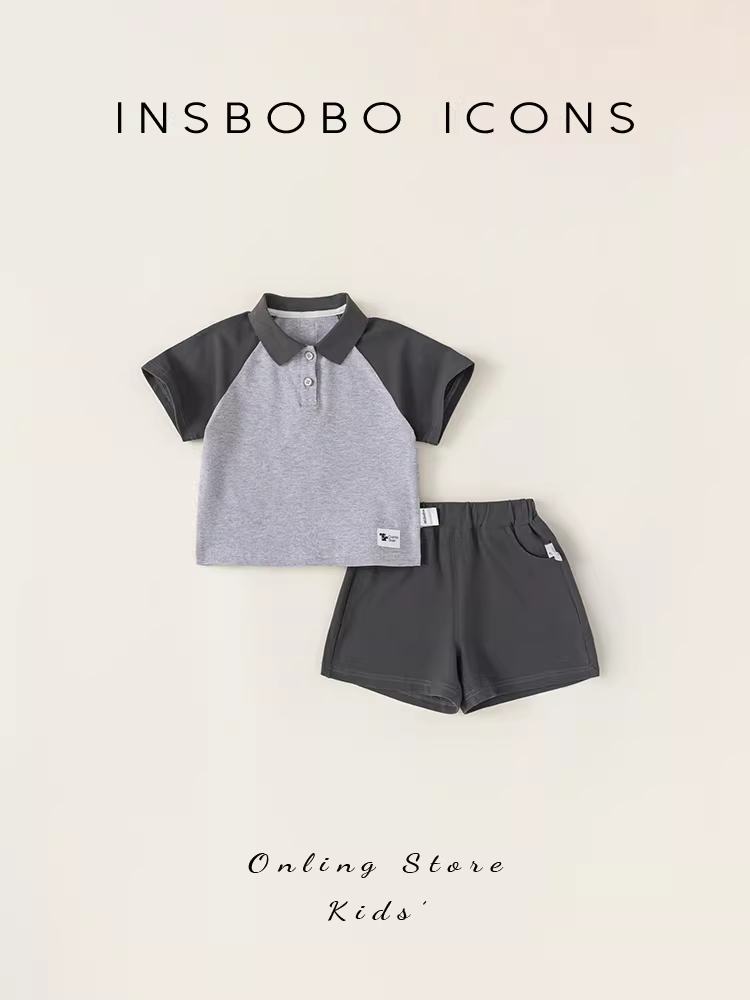 Bộ đồ trẻ em INSbobo hè 2025 kiểu mới phong cách preppy, bộ hai mảnh tay ngắn cho bé gái, quần áo thời trang cho bé trai