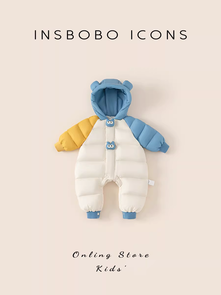 Áo khoác lông vũ cho bé, áo khoác lông vũ liền thân mùa đông mới cho bé, quần áo mùa đông ngoài trời, quần áo trẻ em dày dặn, quần áo trẻ sơ sinh